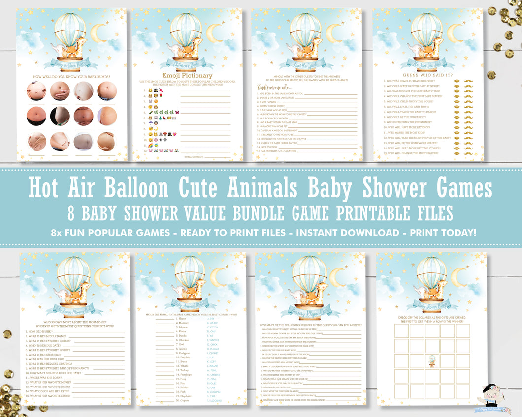 Cute Animals Blue Hot Air Balloon Value Bundle Baby Shower Games Print Yourself Printable Activities - Instant Download - HB5