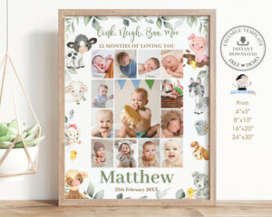 Farm Animals Barnyard Greenery Baby First Year Photo Collage 1st Birthday Milestone Editable Template - Digital Printable File - Instant Dowload - BY5
