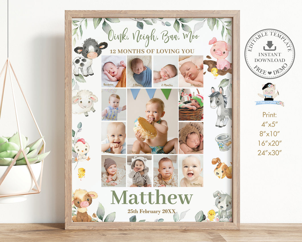 Farm Animals Barnyard Greenery Baby First Year Photo Collage 1st Birthday Milestone Editable Template - Digital Printable File - Instant Dowload - BY5