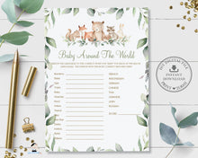 Load image into Gallery viewer, Woodland Animals Baby Around the World Game – Printable Baby Shower Game – Greenery Forest Animal Theme – Instant Download WG12