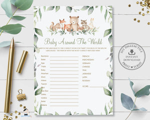Woodland Animals Baby Around the World Game – Printable Baby Shower Game – Greenery Forest Animal Theme – Instant Download WG12