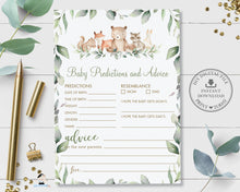 Load image into Gallery viewer, Woodland Animals Baby Predictions and Advice, INSTANT DOWNLOAD, Greenery Fun Baby Shower Game Activities Printable File, WG12