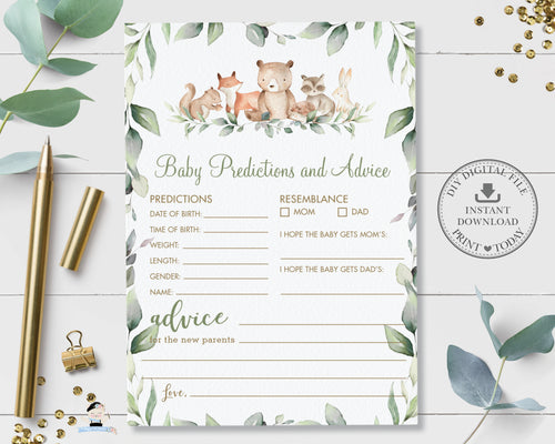 Woodland Animals Baby Predictions and Advice, INSTANT DOWNLOAD, Greenery Fun Baby Shower Game Activities Printable File, WG12