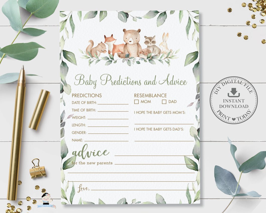 Woodland Animals Baby Predictions and Advice, INSTANT DOWNLOAD, Greenery Fun Baby Shower Game Activities Printable File, WG12