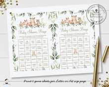 Load image into Gallery viewer, Woodland Animals Baby Shower Bingo Game EDITABLE TEMPLATE Instant Download, Greenery Fun Games Activities Printable Files, WG12