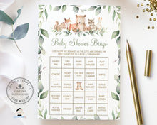 Load image into Gallery viewer, Woodland Animals Baby Shower Bingo Game EDITABLE TEMPLATE Instant Download, Greenery Fun Games Activities Printable Files, WG12