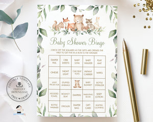 Woodland Animals Baby Shower Bingo Game EDITABLE TEMPLATE Instant Download, Greenery Fun Games Activities Printable Files, WG12
