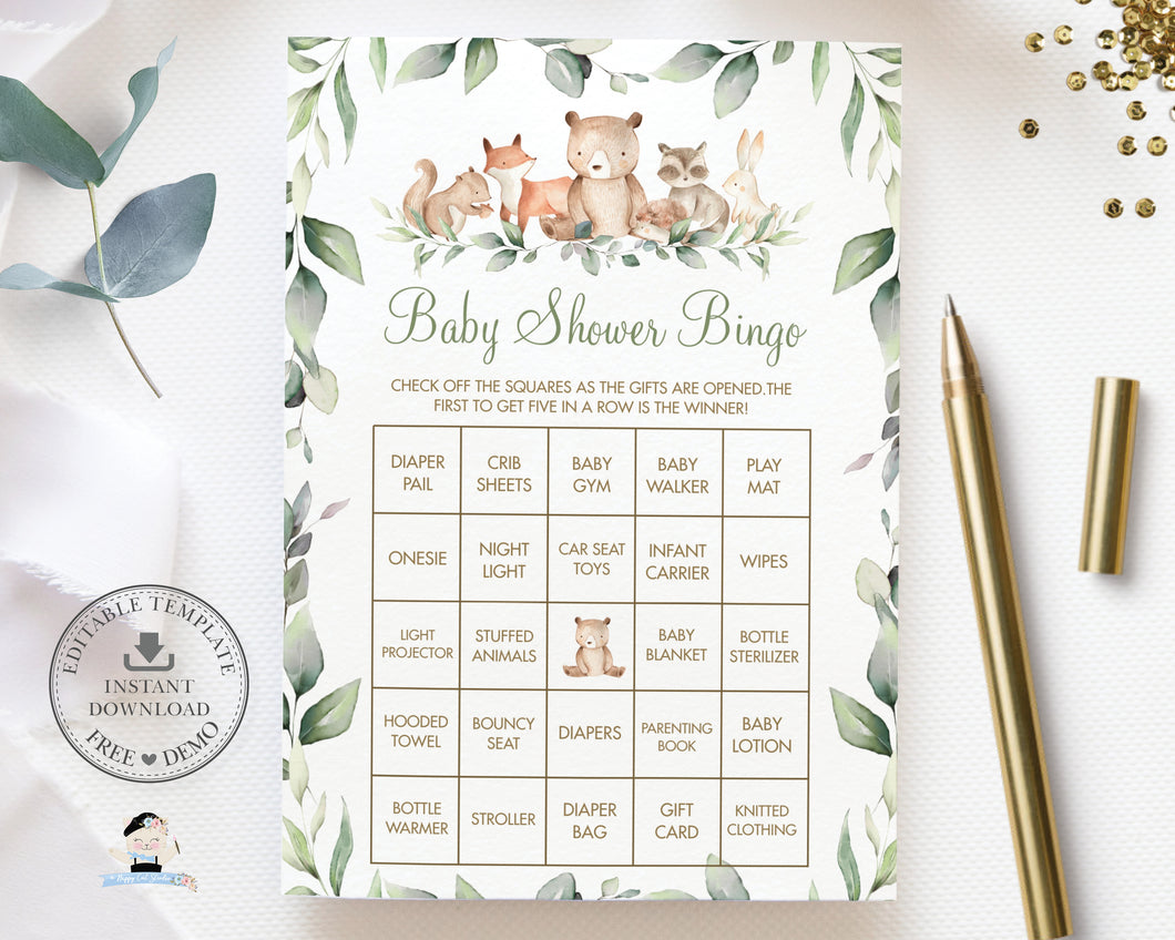Woodland Animals Baby Shower Bingo Game EDITABLE TEMPLATE Instant Download, Greenery Fun Games Activities Printable Files, WG12
