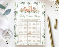 Woodland Animals Baby Shower Bingo Game EDITABLE TEMPLATE Instant Download, Greenery Fun Games Activities Printable Files, WG12