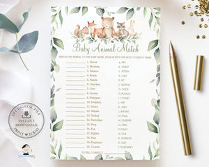 Woodland Animals Baby Animals Match Game, INSTANT DOWNLOAD, Greenery Fun Baby Shower Game Activities Printable File, WG12
