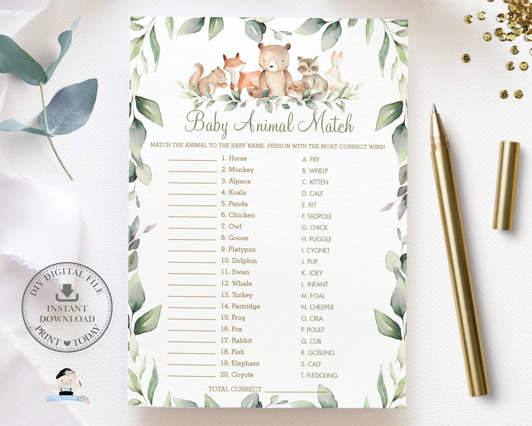 Woodland Animals Baby Animals Match Game, INSTANT DOWNLOAD, Greenery Fun Baby Shower Game Activities Printable File, WG12
