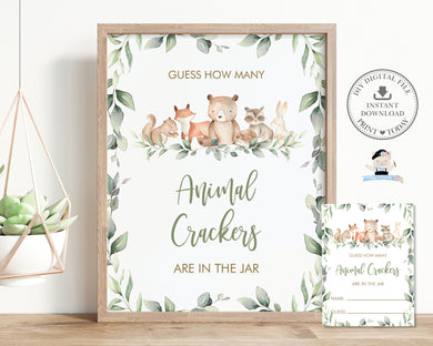 Guess How Many Animal Crackers Baby Shower Game Woodland Animals Greenery - Instant Download - Digital Printable Files - WG12