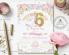 Load image into Gallery viewer, Cute Rainbow Unicorn 6th Birthday Party Invitation Editable Template - Digital Printable File - Instant Download - UB3