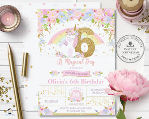 Cute Rainbow Unicorn 6th Birthday Party Invitation Editable Template - Digital Printable File - Instant Download - UB3