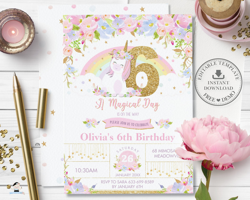 Cute Rainbow Unicorn 6th Birthday Party Invitation Editable Template - Digital Printable File - Instant Download - UB3