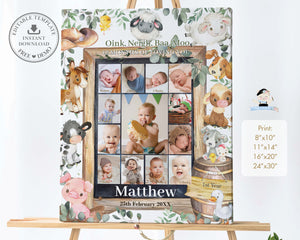 Farm Animals Barnyard Baby First Year Photo Collage 1st Birthday Milestone Editable Template - Digital Printable File - Instant Dowload - BY3