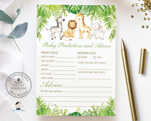 Jungle Animals Baby Predictions and Advice Card, INSTANT DOWNLOAD, Greenery Fun Baby Shower Game Activities Printable File, JA1