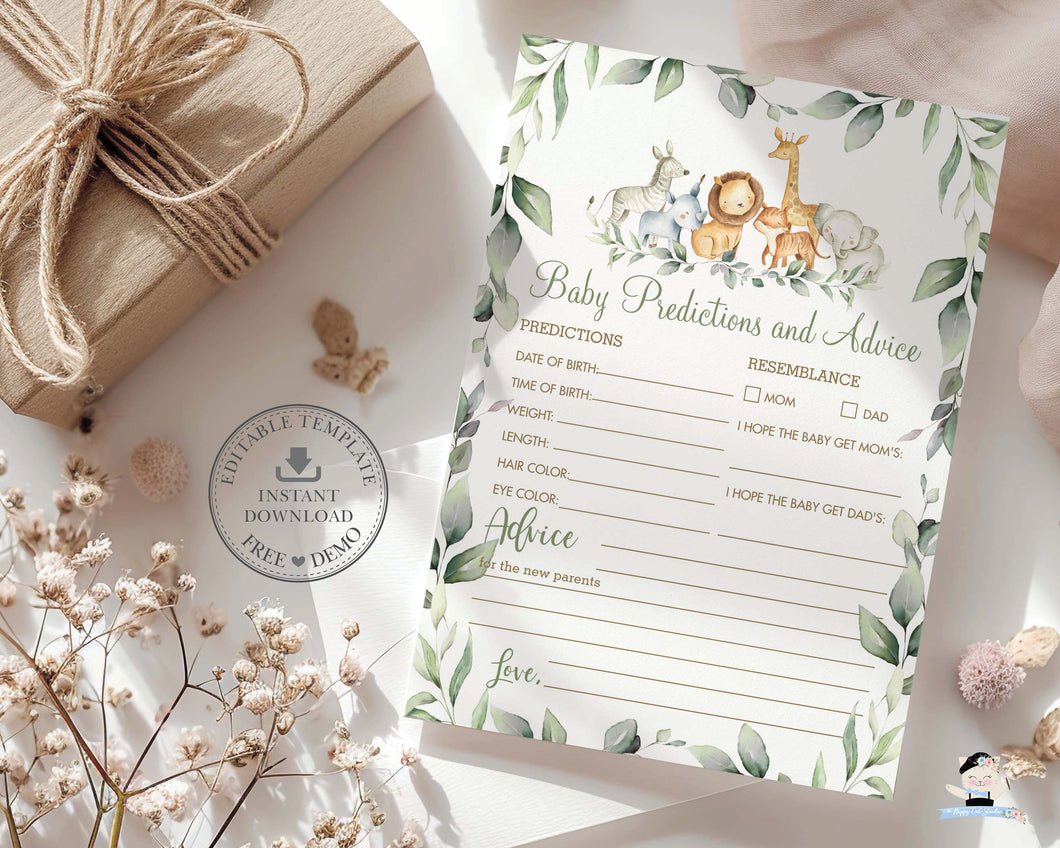 Jungle Animals Greenery Baby Predictions and Advice EDITABLE TEMPLATE, Baby Shower Game Activities Printable Instant Download File, JA5