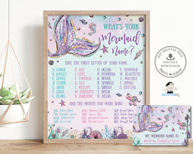What's your Mermaid Name Game Sign and Name Card Under the Sea Pool Birthday Activity, INSTANT Download, MT2