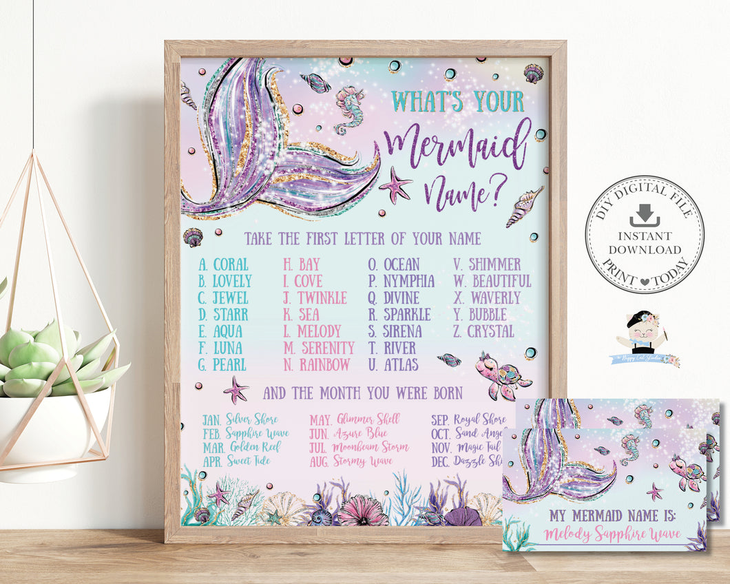 What's your Mermaid Name Game Sign and Name Card Under the Sea Pool Birthday Activity, INSTANT Download, MT2