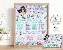 Load image into Gallery viewer, What&#39;s your Merman Name Game Sign and Name Card Pirate Mermaid Under the Sea Pool Birthday Activity, INSTANT Download, MT2