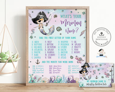 What's your Merman Name Game Sign and Name Card Pirate Mermaid Under the Sea Pool Birthday Activity, INSTANT Download, MT2
