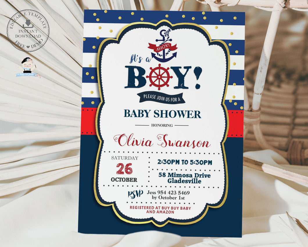 Ahoy, It's a Boy! Nautical Baby Shower Invitation - Editable & Printable Template Instant Download - NT1