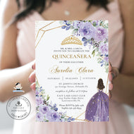 Chic Purple Lilac Floral Princess Quinceanera Invitation Editable Template, 15th Birthday Mis Quince Sweet 16 Download File, QC3