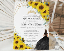 Load image into Gallery viewer, Chic Sunflowers Floral Black Dress Quinceanera Invitation Editable Template, 15th Birthday Mis Quince Sweet 16 Download File, QC65