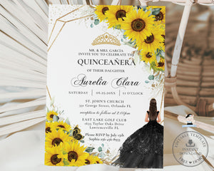 Chic Sunflowers Floral Black Dress Quinceanera Invitation Editable Template, 15th Birthday Mis Quince Sweet 16 Download File, QC65