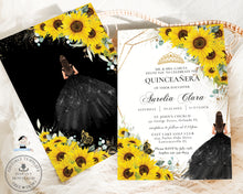 Load image into Gallery viewer, Chic Sunflowers Floral Black Dress Quinceanera Invitation Editable Template, 15th Birthday Mis Quince Sweet 16 Download File, QC65