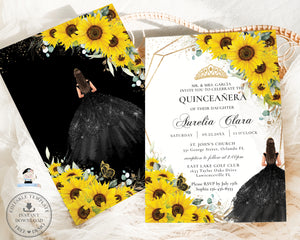 Chic Sunflowers Floral Black Dress Quinceanera Invitation Editable Template, 15th Birthday Mis Quince Sweet 16 Download File, QC65