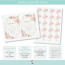 Load image into Gallery viewer, Chic Blush Pink Floral Gold Foliage Bridal Baby Shower Wedding Hand Sanitizer Labels Editable Templates - Digital Printable Files - Instant Download - PK5