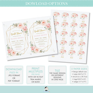 Chic Blush Pink Floral Gold Foliage Bridal Baby Shower Wedding Hand Sanitizer Labels Editable Templates - Digital Printable Files - Instant Download - PK5