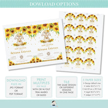 Load image into Gallery viewer, Sunflower Floral Cute Bunny Rabbit Baby Shower 2 Inches Round Labels Editable Template - Digital Printable File - Instant Download - CB7