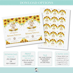 Sunflower Floral Cute Bunny Rabbit Baby Shower 2 Inches Round Labels Editable Template - Digital Printable File - Instant Download - CB7
