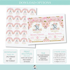 Cute Elephant Blush Pink Floral Christening Baptism Invitation - Editable Template - Digital Printable File - Instant Download EP5