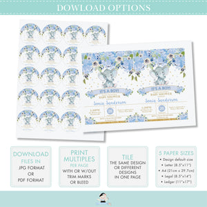 Cute Elephant Blue Floral Boy Baby Shower Birthday 2 Inches Circle Round Labels - Editable Template - Digital Printable File - Instant Download - EP6