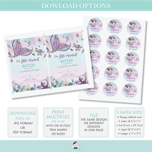 Whimsical Mermaid Tail Under the Sea Mini Champagne Bubbly Tags Baby Shower Editable Template - Digital Printable File - Instant Download - MT2