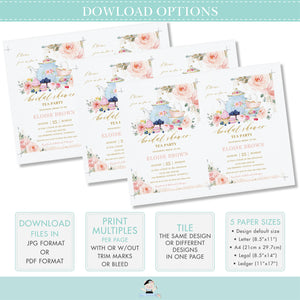Elegant Blush Floral High Tea Birthday Invitation Any Age, EDITABLE TEMPLATE, Victorian Tea Party Roses Flowers Invite Printable, INSTANT DOWNLOAD, TP5