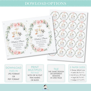 Chic Blush Pink Floral Woodland Animals Baby Shower Invitation Editable Template - Digital Printable File - Instant Download - WG16