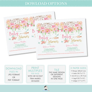 Boho Pink Floral Dreamcatcher Baby Shower Girl Invitation Editable Template - Digital Printable File - Instant Download - BF1