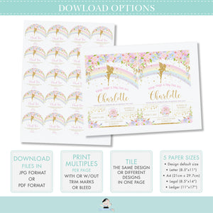 Rainbow Fairy Tabletop Sign Bundle, EDITABLE TEMPLATE, Pink Blue Floral Gold Girl Baby Shower Birthday Printable Signs, INSTANT Download FF5
