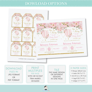 Chic Blush Pink Floral Hot Air Balloon Birthday Invitation Editable Template - Digital Printable File - Instant Download - HB2