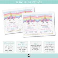 Load image into Gallery viewer, Cute Rainbow Unicorn Birthday Party Invitation Editable Template - Digital Printable File - Instant Download - RU1