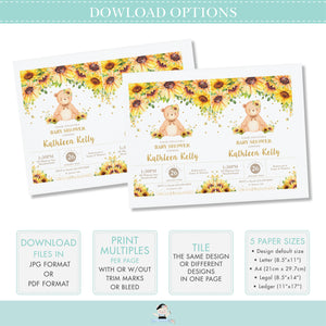 Cute Teddy Bear Sunflower Floral Welcome Sign Baby Shower Birthday Editable Template - Digital Printable File - Instant Download - TB6