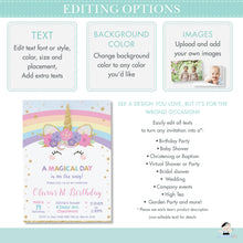 Load image into Gallery viewer, Cute Rainbow Unicorn 1st Birthday Milestone Sign Birth Stats Editable Template - Digital Printable File - Instant Download - RU1
