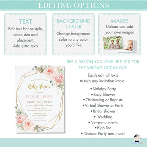Elegant Blush Pink Floral Christening / Baptism Invitation Editable Template - Digital Printable File - Instant Download - PK5