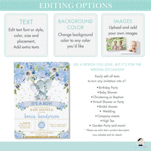 Load image into Gallery viewer, Blue Floral Elephant Baptism Christening Invitation Editable Template - Digital Printable File - Instant Download - EP6