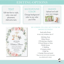 Load image into Gallery viewer, Chic Blush Pink Floral Woodland Animals Baby Shower Invitation Editable Template - Digital Printable File - Instant Download - WG16
